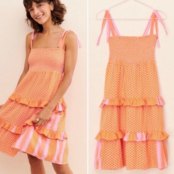 Cecilie Copenhagen Minami Orange Pink Tiered Ruffle Mini‎ Dress - Picture 1 of 11